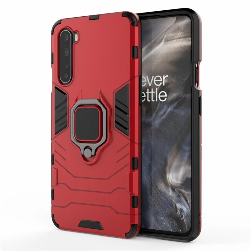 PC + TPU Shell with Finger Ring Holder Kickstand Cover for OnePlus Nord - Red