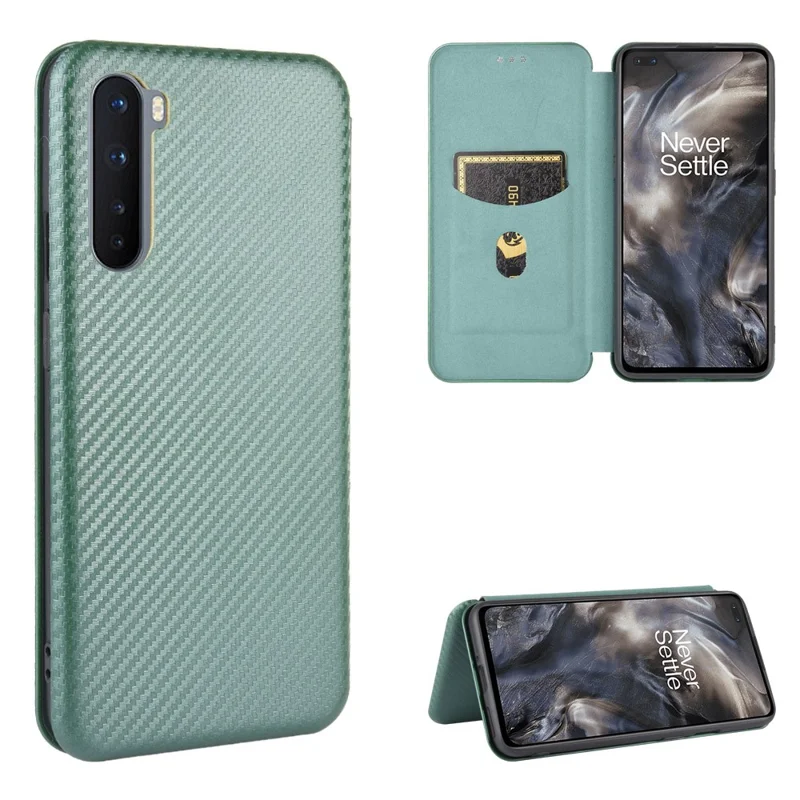 Carbon Fiber Texture Leather Auto-absorbed Phone Casing for OnePlus Nord - Green