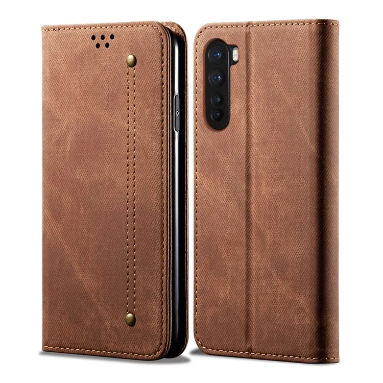 Capas De Couro Da Aleta Da Carteira Da Folha Da Textura Do Pano Da Calça Jeans Do Estilo Do Vintage Para O OnePlus Nord - Café