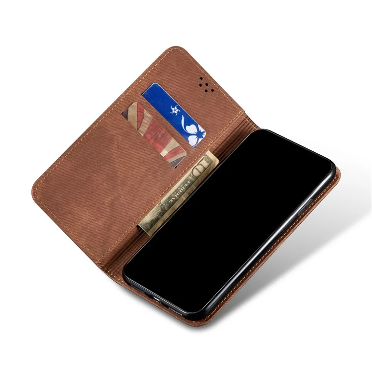 Capas De Couro Da Aleta Da Carteira Da Folha Da Textura Do Pano Da Calça Jeans Do Estilo Do Vintage Para O OnePlus Nord - Café
