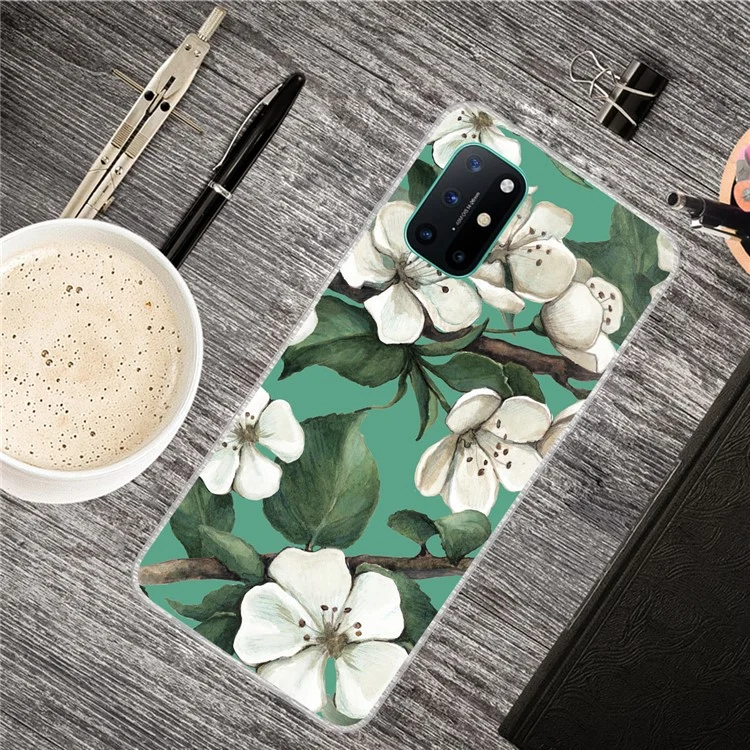 Pattern Printing Flexible TPU Back Protection Cover for OnePlus 8T - White Flower