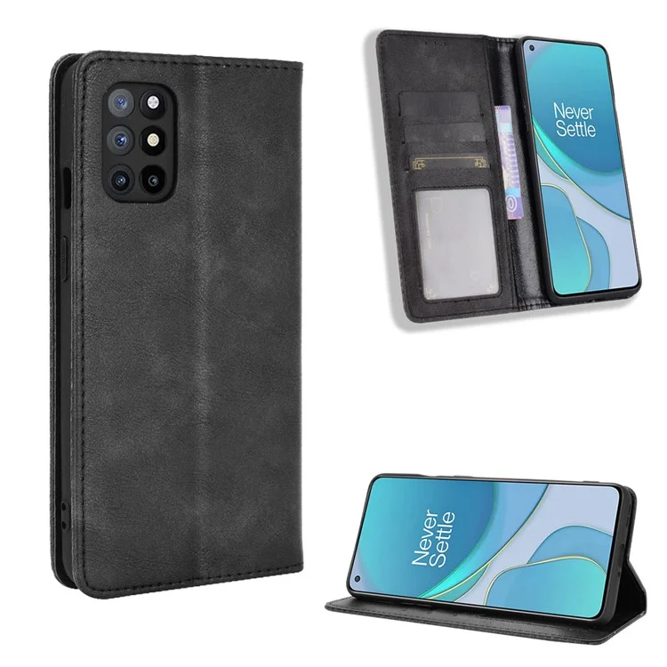 Magnetic Vintage Style Case for OnePlus 8T Wallet Stand Leather Phone Cover - Black