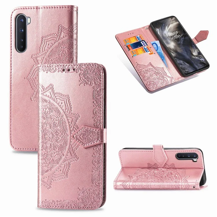 Caixa de Couro de Flor Mandala em Relevo Com Carteira Para o OnePlus Nord - Rosa Ouro