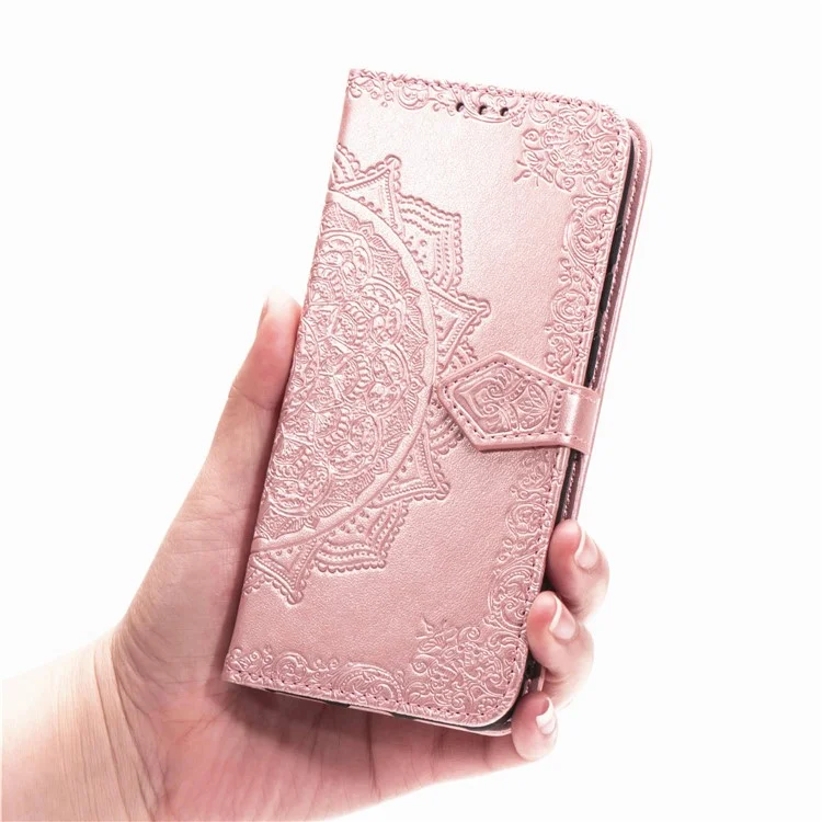 Caixa de Couro de Flor Mandala em Relevo Com Carteira Para o OnePlus Nord - Rosa Ouro