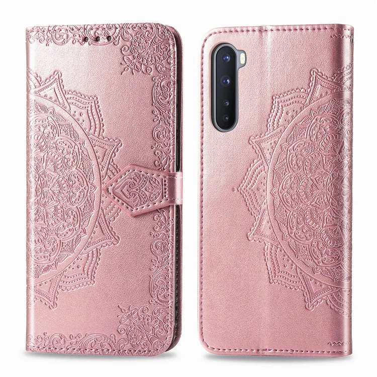 Caixa de Couro de Flor Mandala em Relevo Com Carteira Para o OnePlus Nord - Rosa Ouro