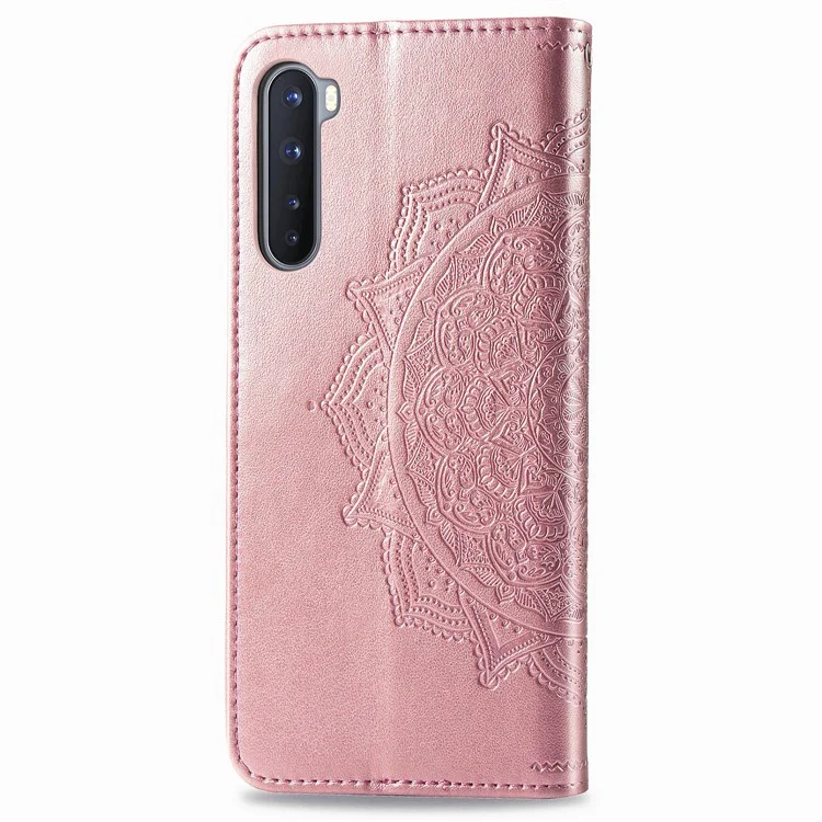 Caixa de Couro de Flor Mandala em Relevo Com Carteira Para o OnePlus Nord - Rosa Ouro
