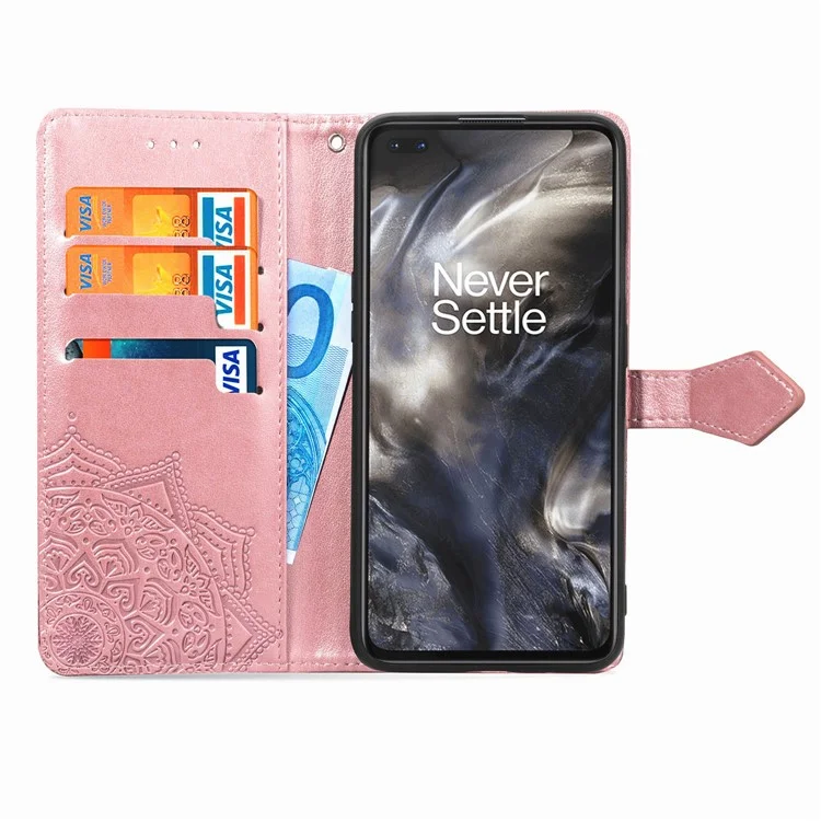 Caixa de Couro de Flor Mandala em Relevo Com Carteira Para o OnePlus Nord - Rosa Ouro