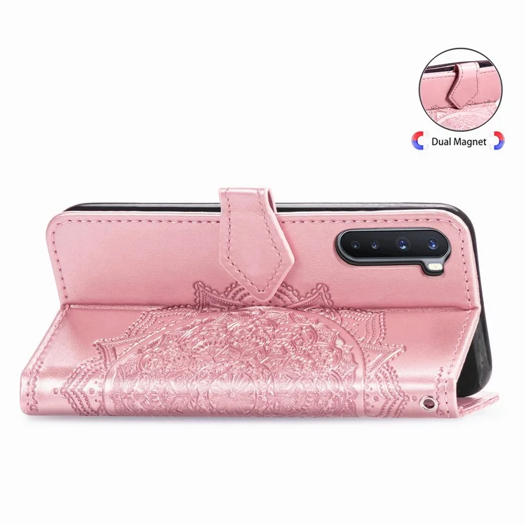 Caixa de Couro de Flor Mandala em Relevo Com Carteira Para o OnePlus Nord - Rosa Ouro