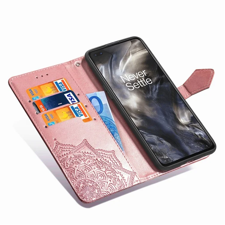 Caixa de Couro de Flor Mandala em Relevo Com Carteira Para o OnePlus Nord - Rosa Ouro