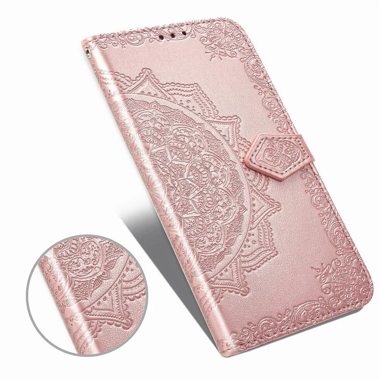Caixa de Couro de Flor Mandala em Relevo Com Carteira Para o OnePlus Nord - Rosa Ouro