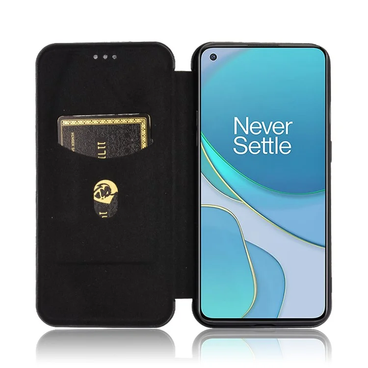 For OnePlus 8T Carbon Fiber Texture Auto-absorbed Flip Leather Cover Stand Card Slots Case - Black