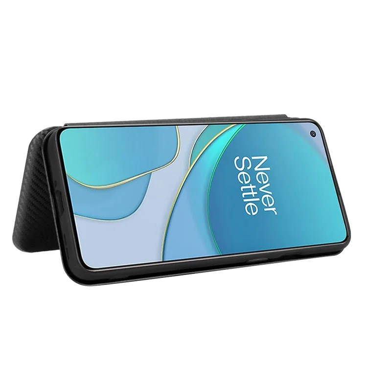 For OnePlus 8T Carbon Fiber Texture Auto-absorbed Flip Leather Cover Stand Card Slots Case - Black