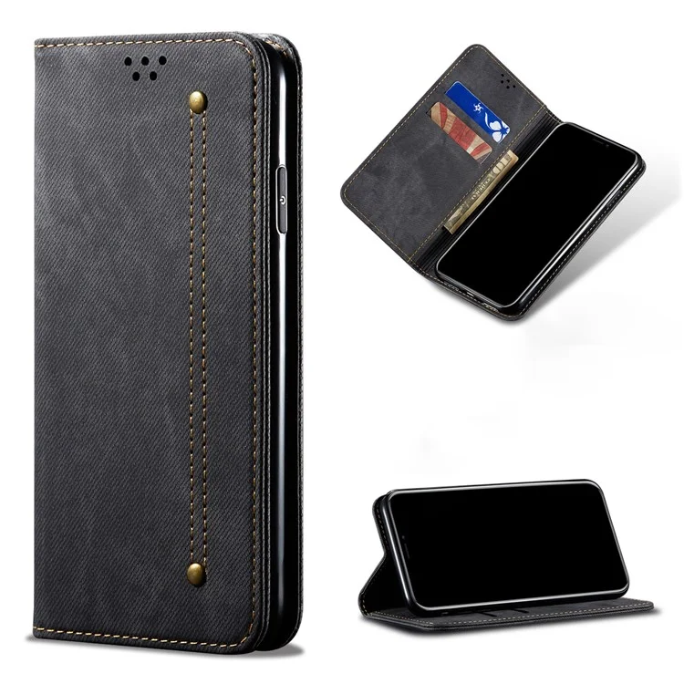 Vintage Style Jeans Cloth Texture Wallet Stand Leather Phone Cover for OnePlus 8T - Black