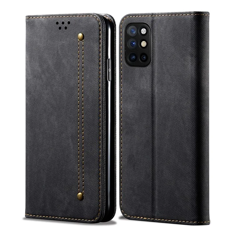 Vintage Style Jeans Cloth Texture Wallet Stand Leather Phone Cover for OnePlus 8T - Black