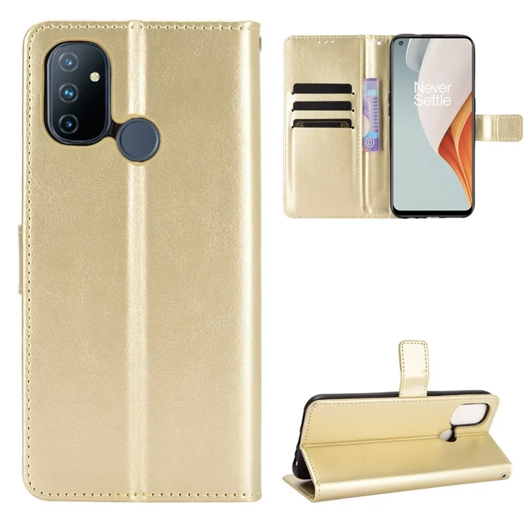 Crazy Horse Wallet Stand Leather Shell with Strap for OnePlus Nord N100 Cell Phone Accessory - Gold