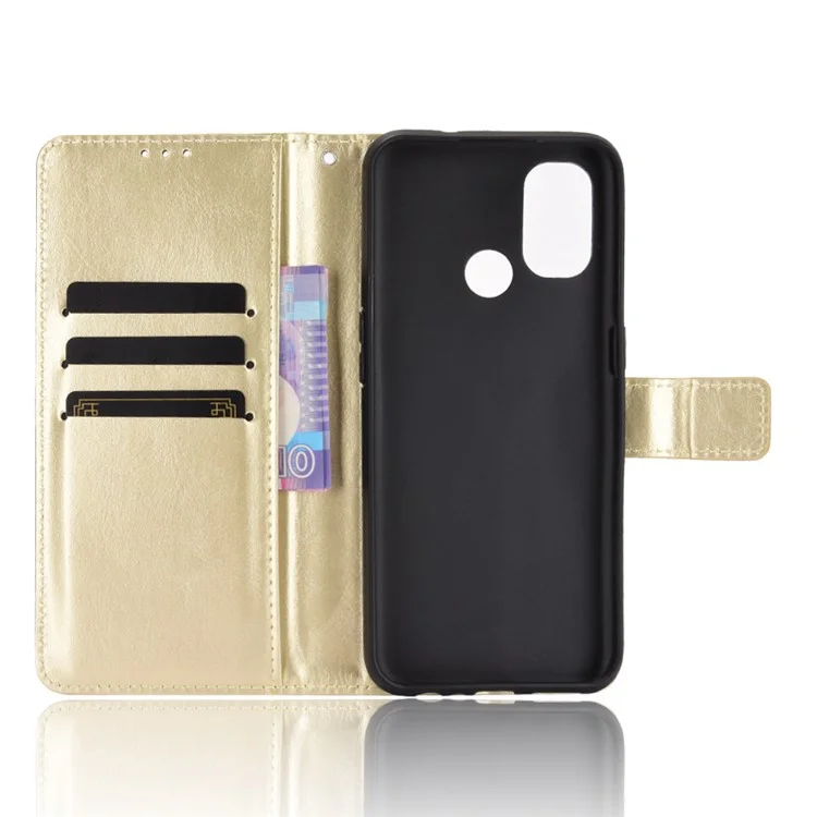 Crazy Horse Wallet Stand Leather Shell with Strap for OnePlus Nord N100 Cell Phone Accessory - Gold