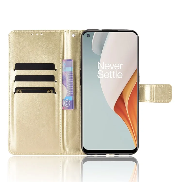 Crazy Horse Wallet Stand Leather Shell with Strap for OnePlus Nord N100 Cell Phone Accessory - Gold