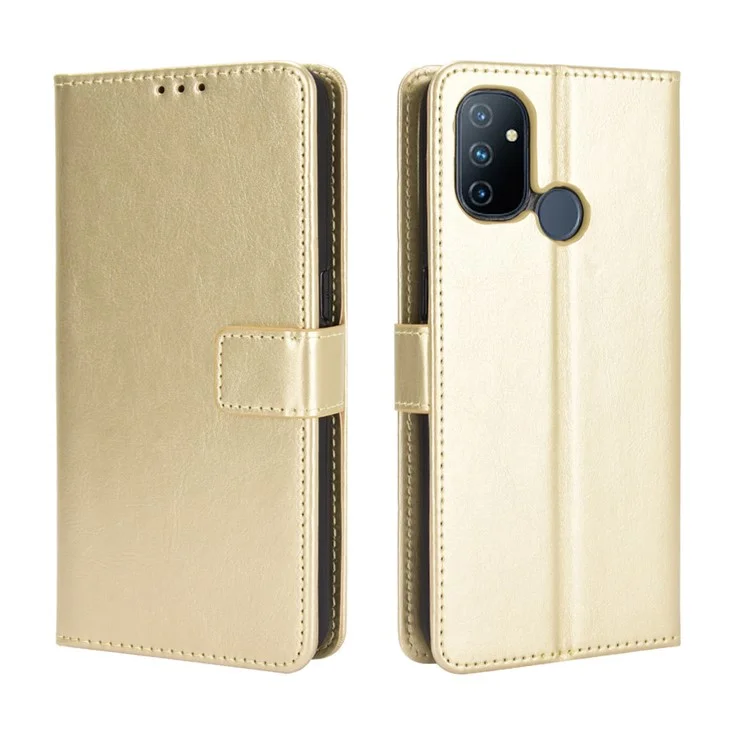 Crazy Horse Wallet Stand Leather Shell with Strap for OnePlus Nord N100 Cell Phone Accessory - Gold