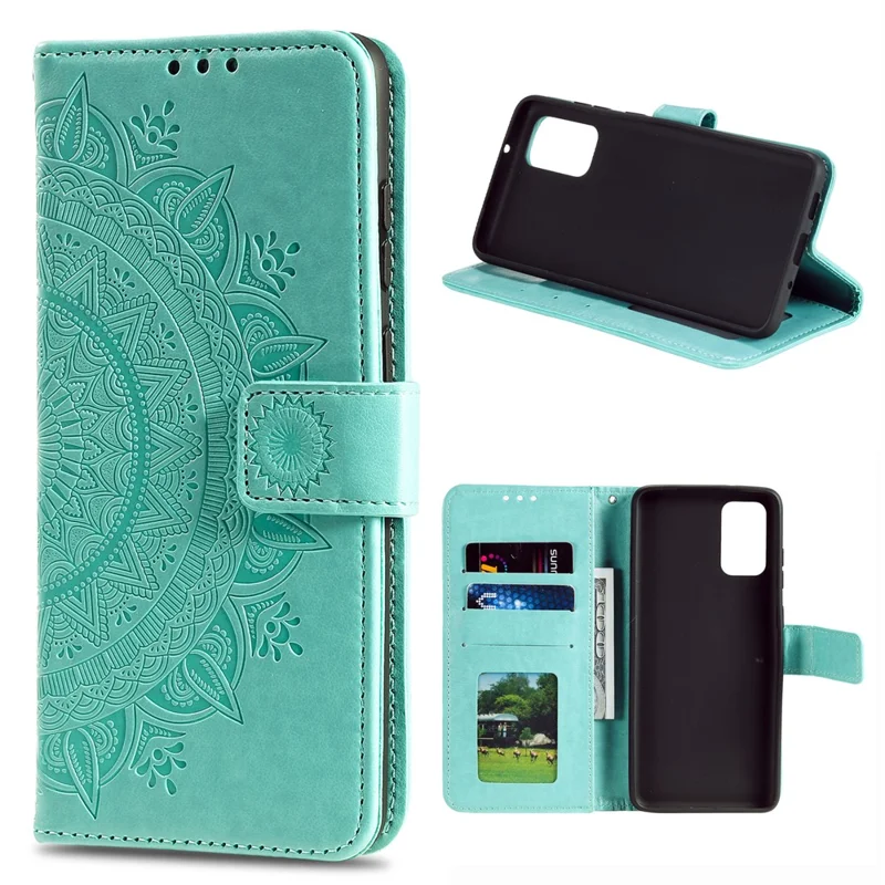 Imprint Flower Leather Wallet Case for OnePlus 8T/8T Pro Phone Cover - Cyan
