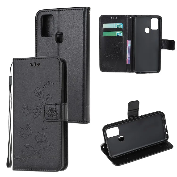 Impresión de la Cubierta de Cuero de Flores de Mariposa Con Billetera Para OnePlus Nord N10 5G - Negro
