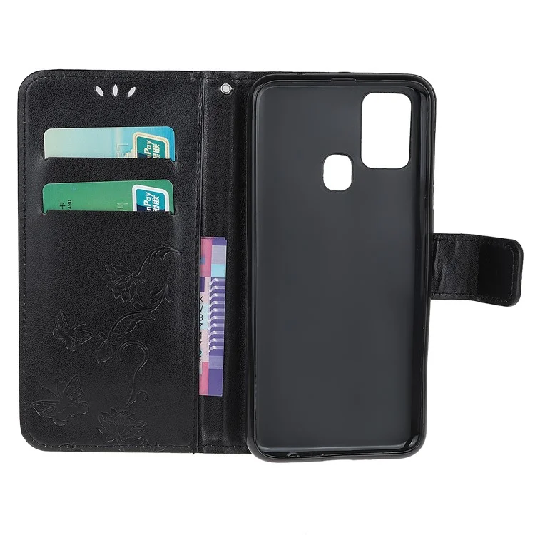 Impresión de la Cubierta de Cuero de Flores de Mariposa Con Billetera Para OnePlus Nord N10 5G - Negro