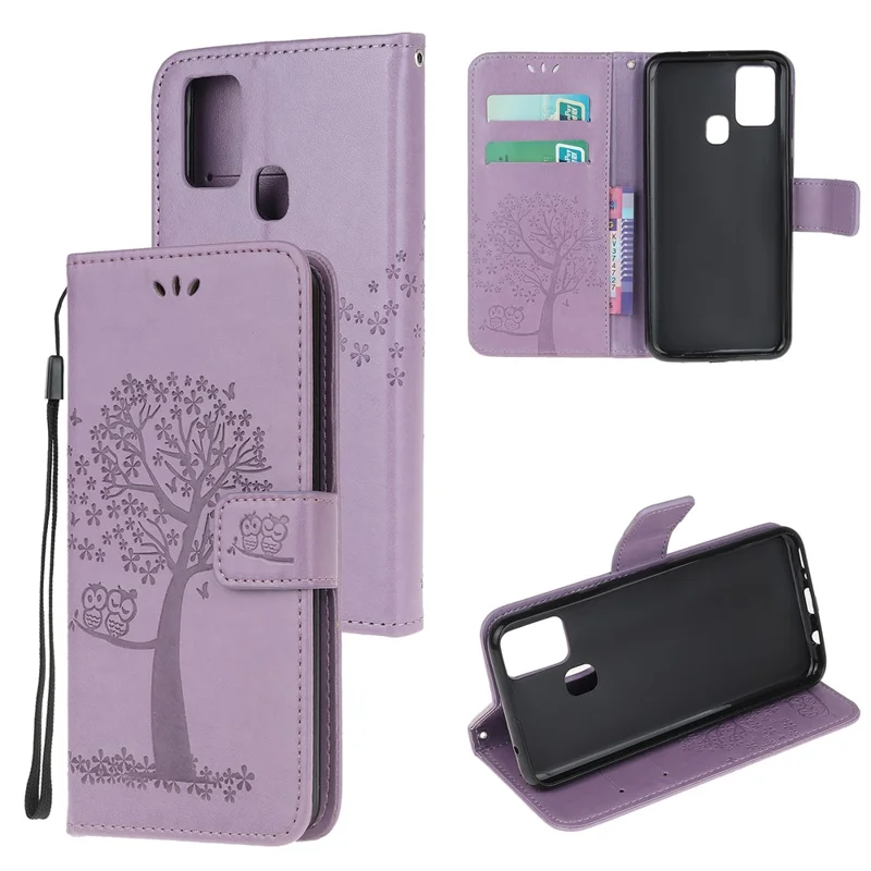 Imprint Tree Owl Wallet Leather Phone Case for OnePlus Nord N100 - Light Purple