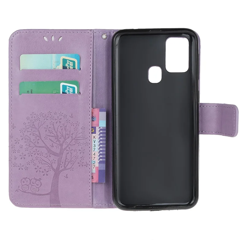 Imprint Tree Owl Wallet Leather Phone Case for OnePlus Nord N100 - Light Purple