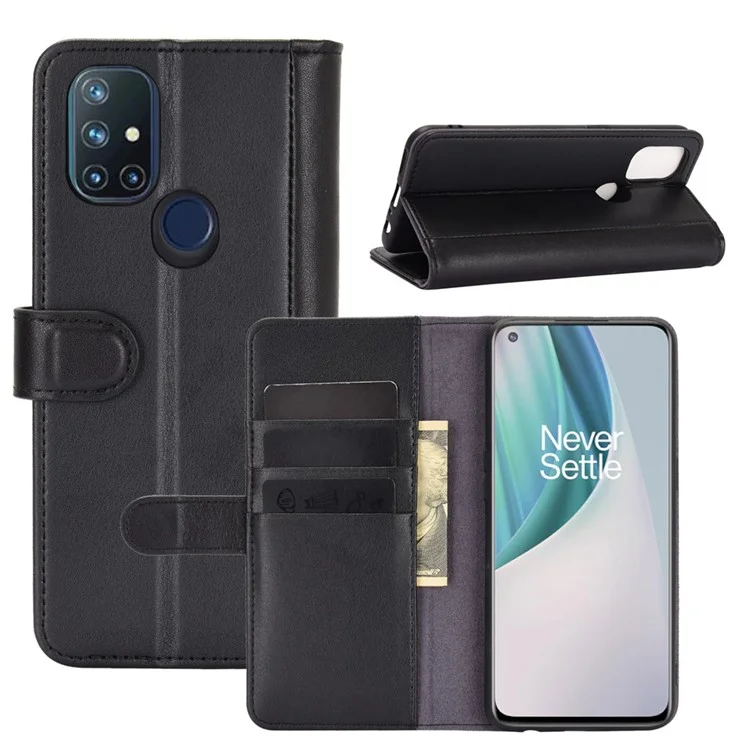 Estuche de Pie de Cartera de Cuero Genuino Dividido para OnePlus Nord N10 5G Carcasa Protectora - Negro