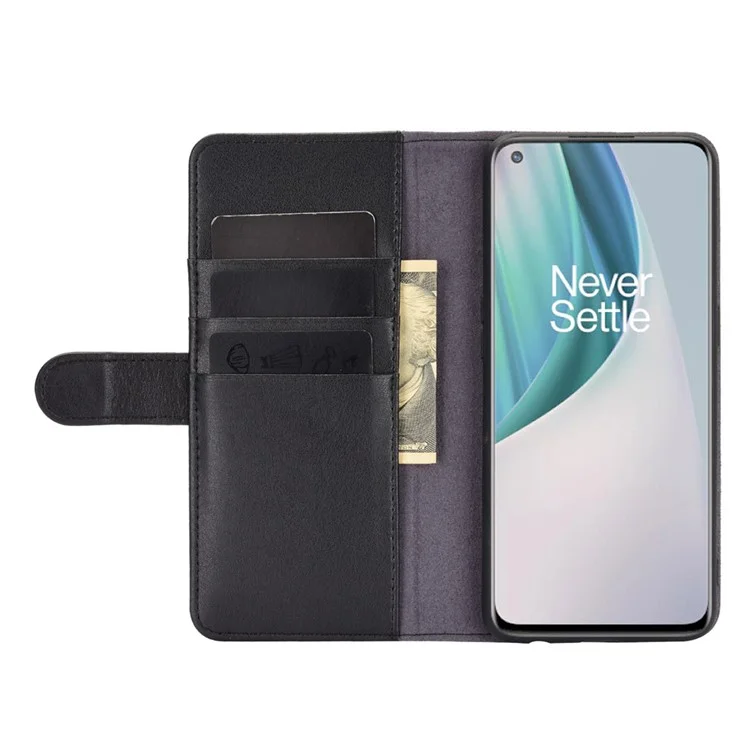 Estuche de Pie de Cartera de Cuero Genuino Dividido para OnePlus Nord N10 5G Carcasa Protectora - Negro