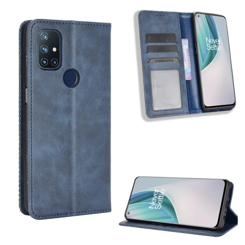 Retro Style Auto-Absorbed Wallet Stand Leather Phone Case for OnePlus Nord N10 5G - Blue