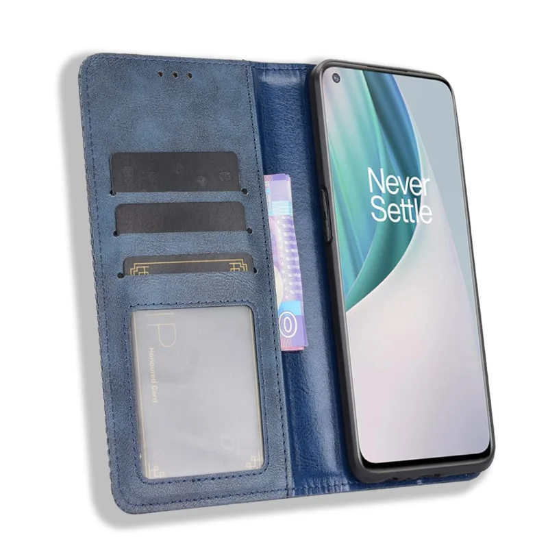 Retro Style Auto-Absorbed Wallet Stand Leather Phone Case for OnePlus Nord N10 5G - Blue