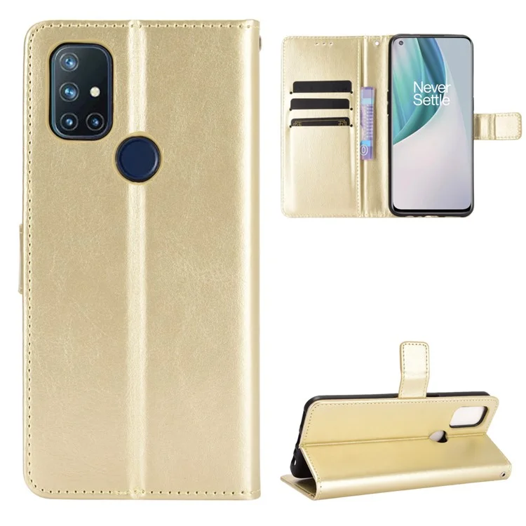 Crazy Horse Wallet Stand Leather Shell with Strap for OnePlus Nord N10 5G - Gold