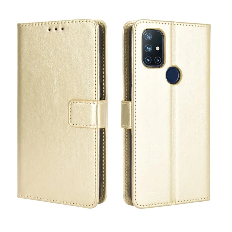 Crazy Horse Wallet Stand Leather Shell with Strap for OnePlus Nord N10 5G - Gold