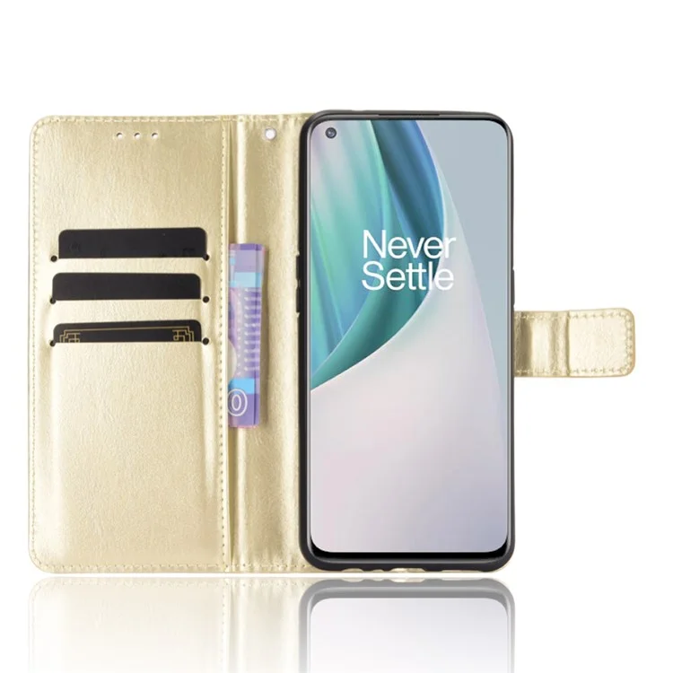 Crazy Horse Wallet Stand Capas de Cuero Con Correa Para OnePlus Nord N10 5G - Oro
