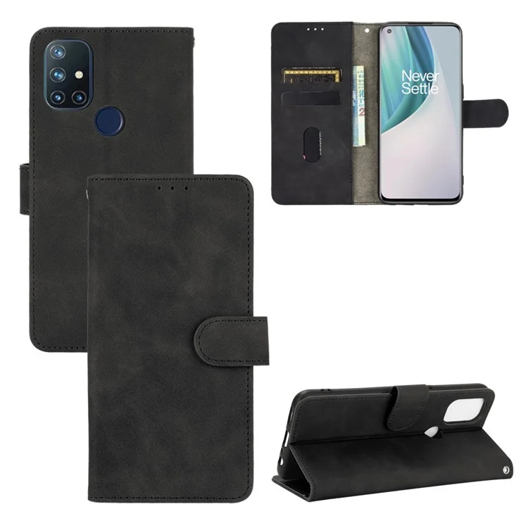 Skin Touch PU Carteira de Couro Pull Celo Celho Para Oneplus Nord N10 5G - Preto