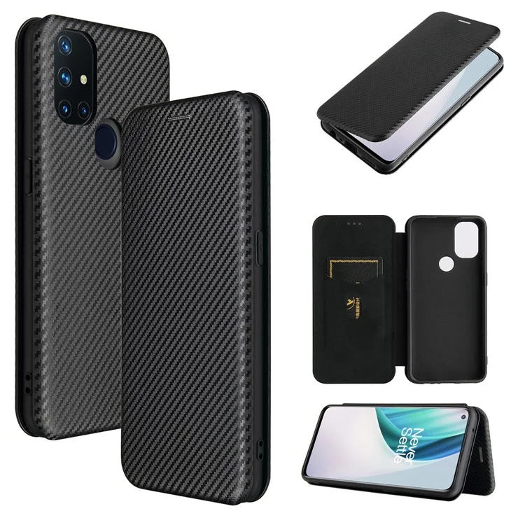 Cubierta de textura de fibra de carbono con autoadhesión antirayado para OnePlus Nord N10 5G Estuche de cuero con soporte - Negro