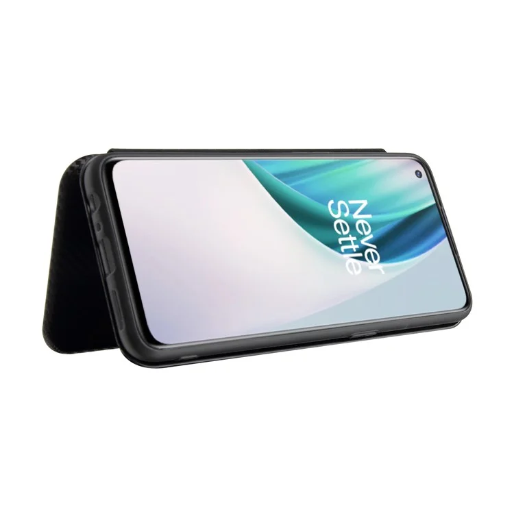 Cubierta de textura de fibra de carbono con autoadhesión antirayado para OnePlus Nord N10 5G Estuche de cuero con soporte - Negro