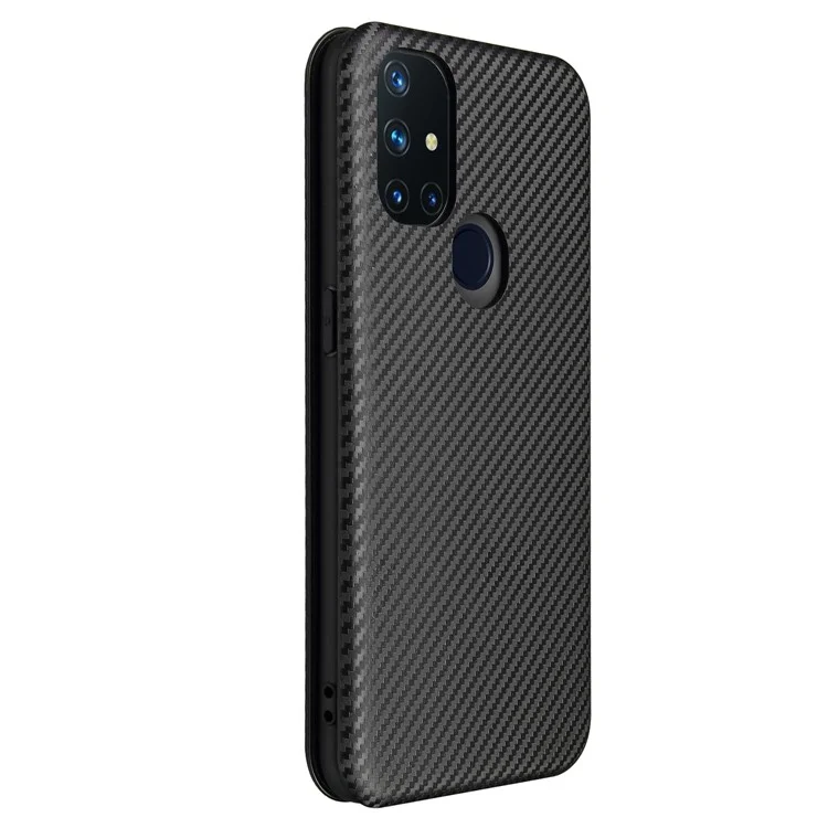 Cubierta de textura de fibra de carbono con autoadhesión antirayado para OnePlus Nord N10 5G Estuche de cuero con soporte - Negro
