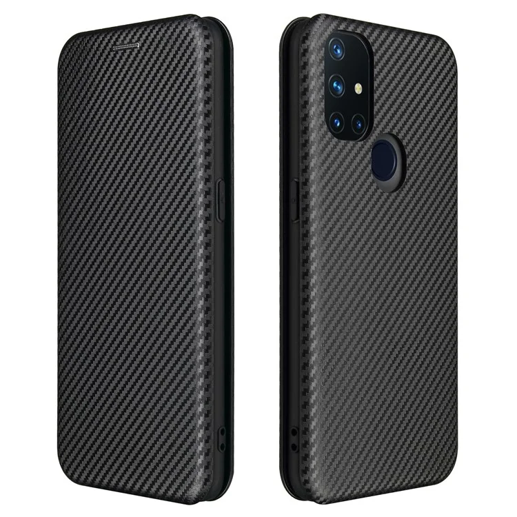 Cubierta de textura de fibra de carbono con autoadhesión antirayado para OnePlus Nord N10 5G Estuche de cuero con soporte - Negro