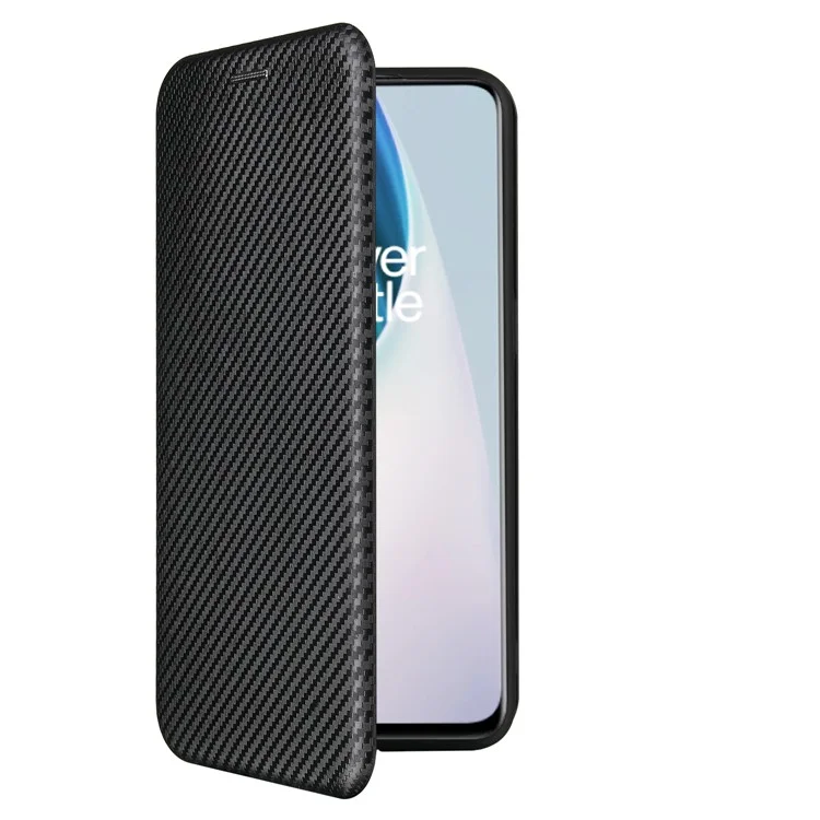 Cubierta de textura de fibra de carbono con autoadhesión antirayado para OnePlus Nord N10 5G Estuche de cuero con soporte - Negro