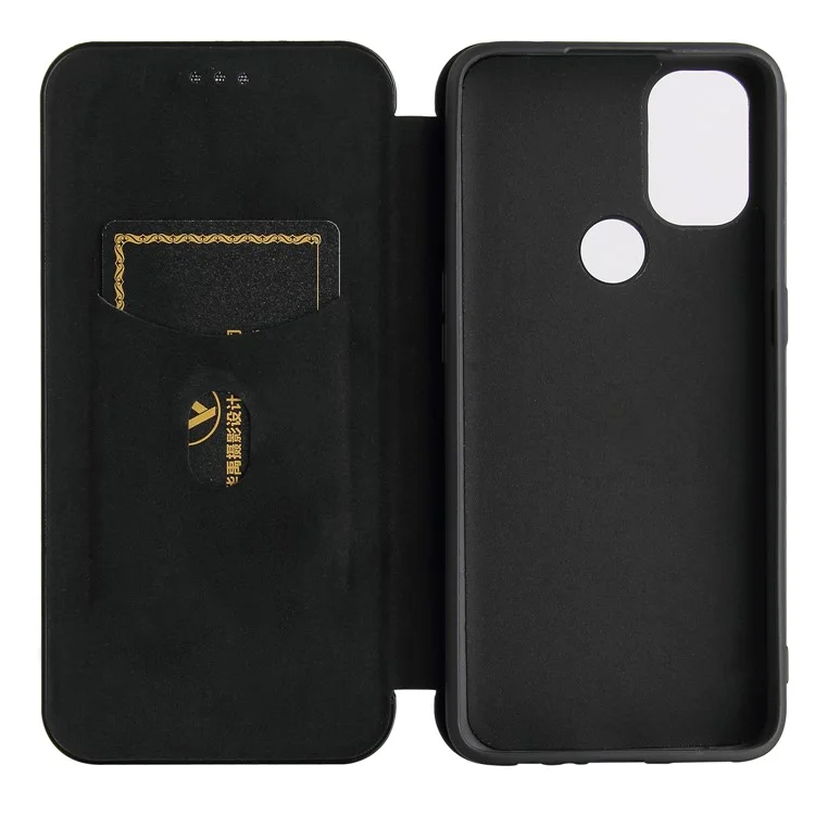 Cubierta de textura de fibra de carbono con autoadhesión antirayado para OnePlus Nord N10 5G Estuche de cuero con soporte - Negro
