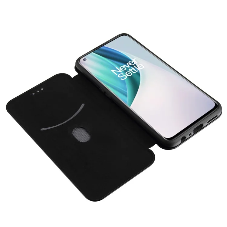 Cubierta de textura de fibra de carbono con autoadhesión antirayado para OnePlus Nord N10 5G Estuche de cuero con soporte - Negro