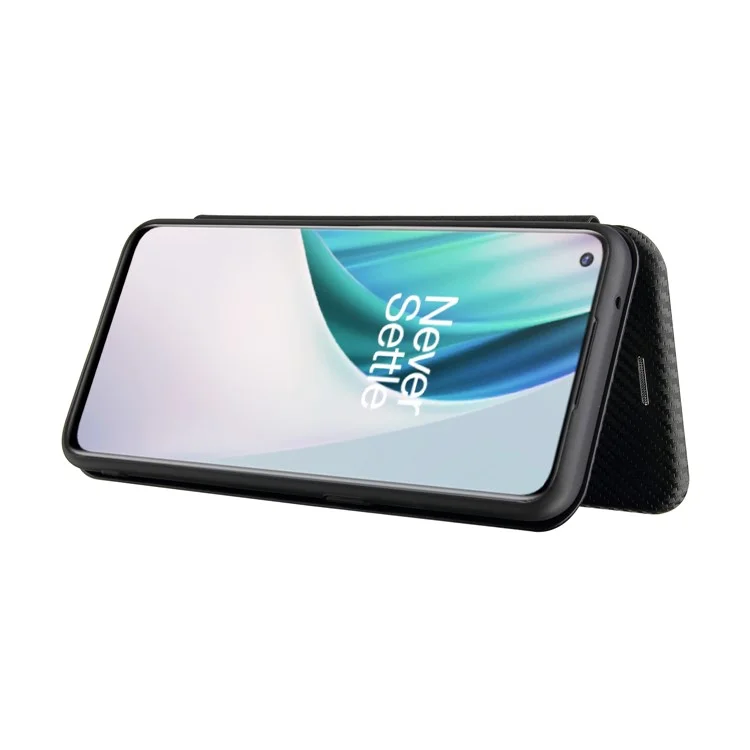 Cubierta de textura de fibra de carbono con autoadhesión antirayado para OnePlus Nord N10 5G Estuche de cuero con soporte - Negro