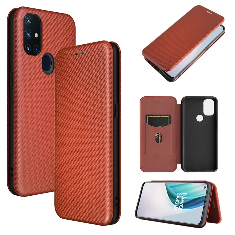 Auto-absorbed Anti-scratch Carbon Fiber Texture Covering for OnePlus Nord N10 5G Stand Leather Case - Brown