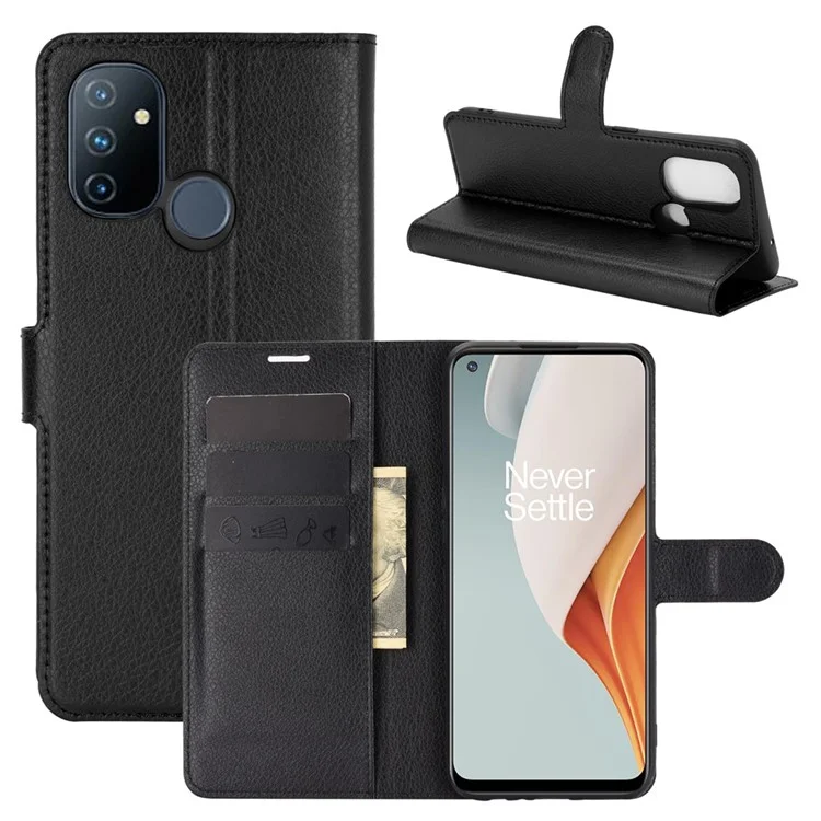 Litchi Grein Stand Stand Leather Case Para OnePlus Nord N100 Protetor Telefone Shell - Preto