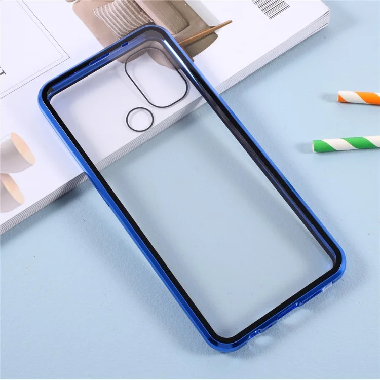 Installazione del lucchetto magnetico in metallo + Custodia in vetro temperato su entrambi i lati per OnePlus Nord N100 - Blu