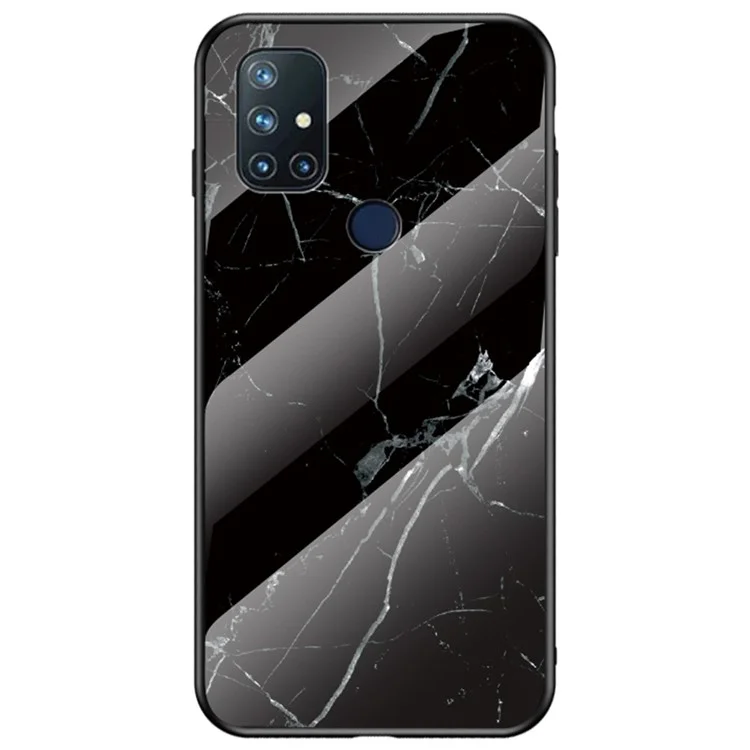 Para OnePlus Nord N10 5G Marble Pattern Cover Soft TPU Frame Hard Tempered Glass + PC Back Impact Phone Case - Black Marble