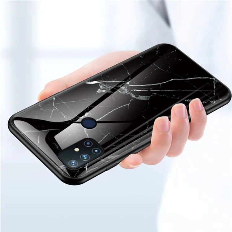 Para OnePlus Nord N10 5G Marble Pattern Cover Soft TPU Frame Hard Tempered Glass + PC Back Impact Phone Case - Black Marble
