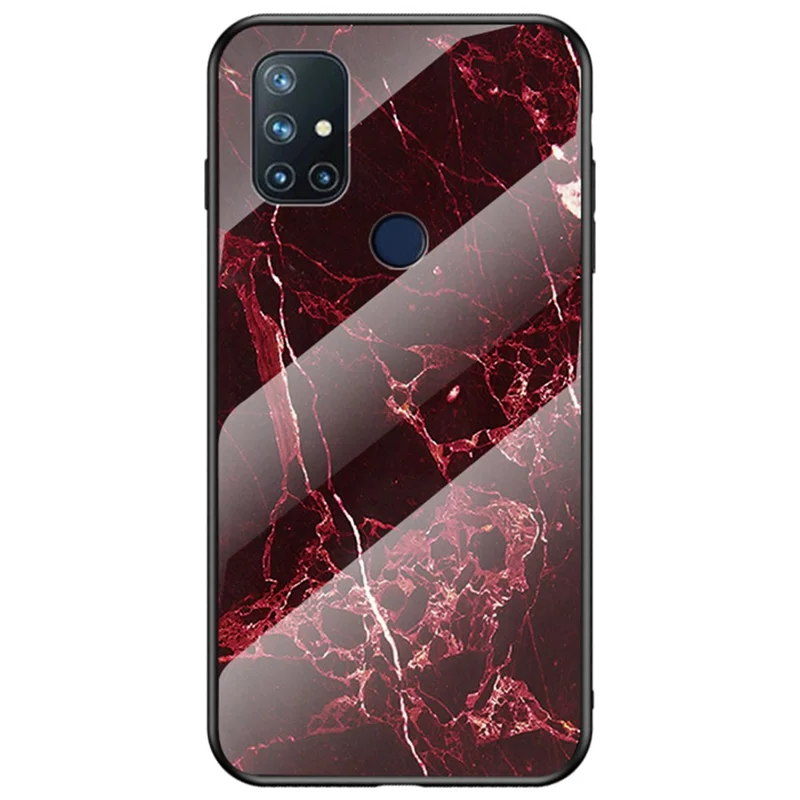 For OnePlus Nord N10 5G Marble Pattern Cover Soft TPU Frame Hard Tempered Glass + PC Back Impact Phone Case - Blood Red Marble