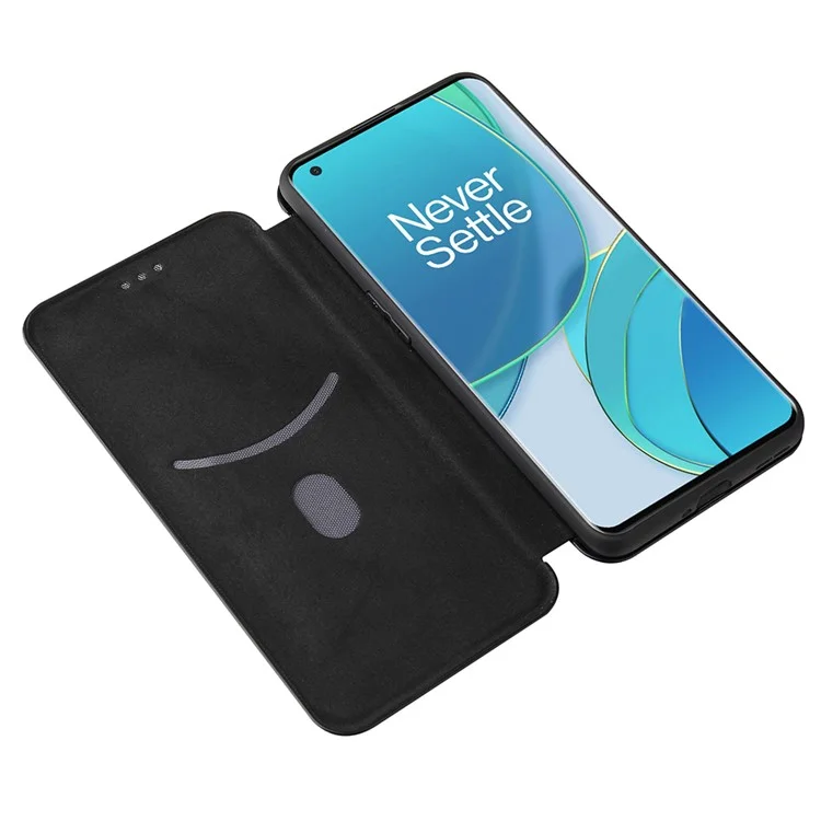 Für OnePlus 9 (EU / US Version) Kohlefaser-Magnetische Saugnapf Leder Schale mit Kartenfach - Schwarz